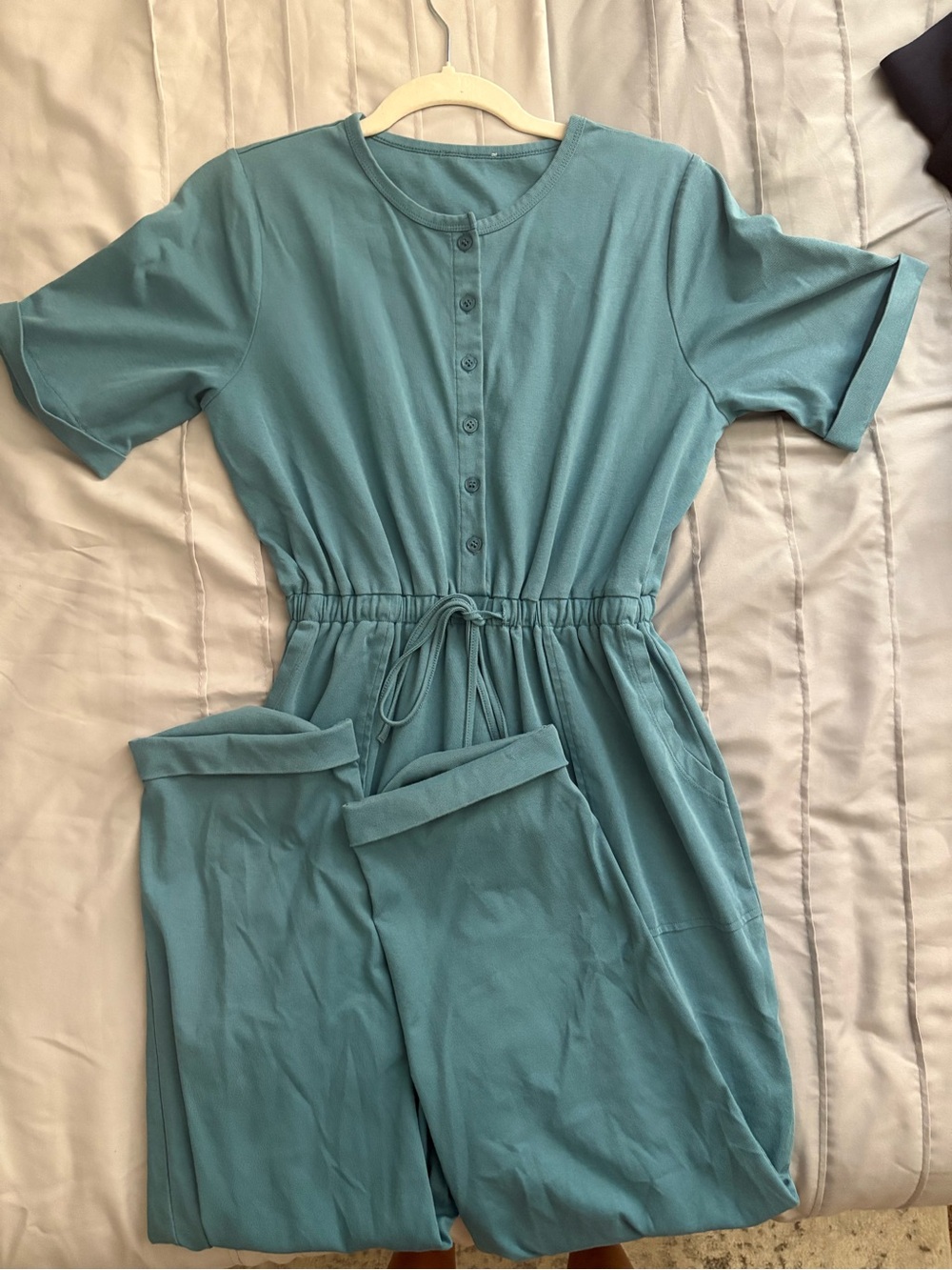 Pink Lily Teal Short-Sleeve Button-Front Jumpsuit with Drawstring Waist